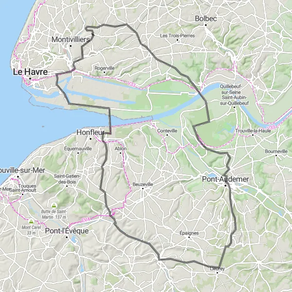 Map miniature of "Haute-Normandie Adventure" cycling inspiration in Haute-Normandie, France. Generated by Tarmacs.app cycling route planner