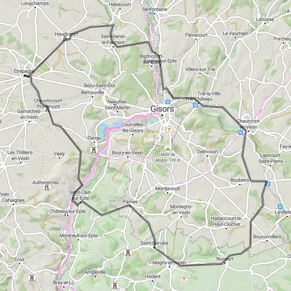 Miniature de la carte de l'inspiration cycliste "La Route des Manoirs du Vexin Normand" dans la Haute-Normandie, France. Générée par le planificateur d'itinéraire cycliste Tarmacs.app