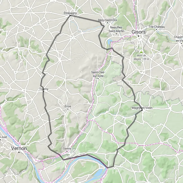 Miniature de la carte de l'inspiration cycliste "Le Tour des Vallons" dans la Haute-Normandie, France. Générée par le planificateur d'itinéraire cycliste Tarmacs.app