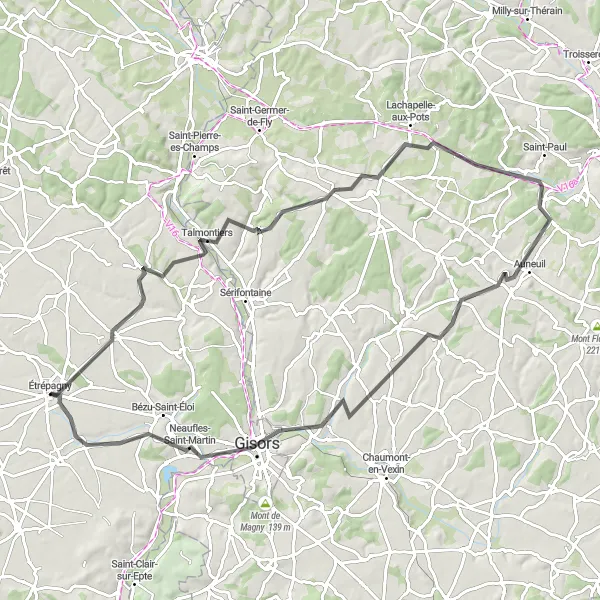 Miniature de la carte de l'inspiration cycliste "La Route des Collines Secrètes" dans la Haute-Normandie, France. Générée par le planificateur d'itinéraire cycliste Tarmacs.app