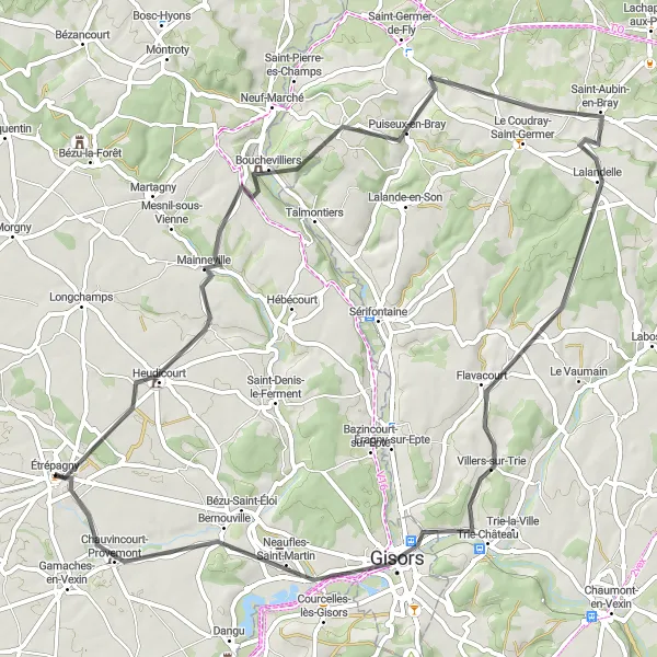 Miniature de la carte de l'inspiration cycliste "Boucle à vélo de 68 km autour d'Étrépagny" dans la Haute-Normandie, France. Générée par le planificateur d'itinéraire cycliste Tarmacs.app
