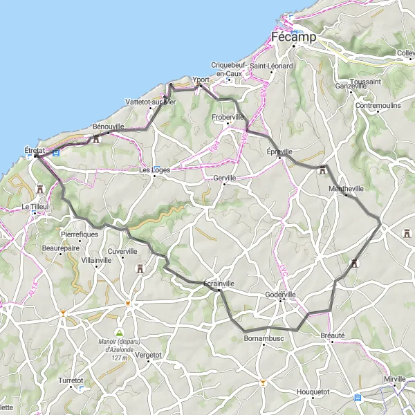 Map miniature of "Étretat and Yport Exploration" cycling inspiration in Haute-Normandie, France. Generated by Tarmacs.app cycling route planner