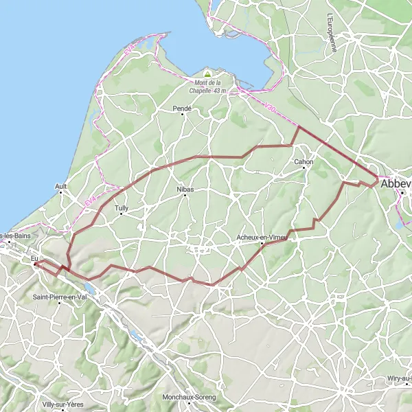 Miniature de la carte de l'inspiration cycliste "Boucle gravel à travers la Haute-Normandie" dans la Haute-Normandie, France. Générée par le planificateur d'itinéraire cycliste Tarmacs.app