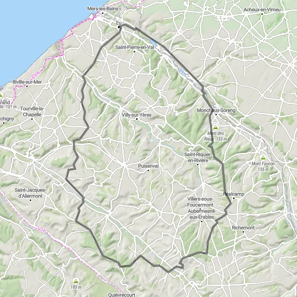 Miniature de la carte de l'inspiration cycliste "Le Chemin des Vallées Normandes" dans la Haute-Normandie, France. Générée par le planificateur d'itinéraire cycliste Tarmacs.app