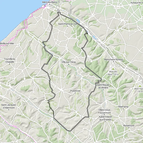 Map miniature of "Eu to Cuverville-sur-Yères via Bouvaincourt-sur-Bresle" cycling inspiration in Haute-Normandie, France. Generated by Tarmacs.app cycling route planner