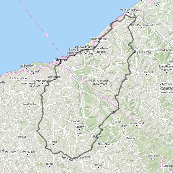 Miniature de la carte de l'inspiration cycliste "Les Collines de Normandie" dans la Haute-Normandie, France. Générée par le planificateur d'itinéraire cycliste Tarmacs.app