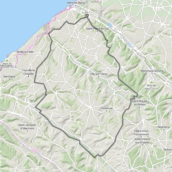 Map miniature of "Eu to Étalondes via Preuseville" cycling inspiration in Haute-Normandie, France. Generated by Tarmacs.app cycling route planner