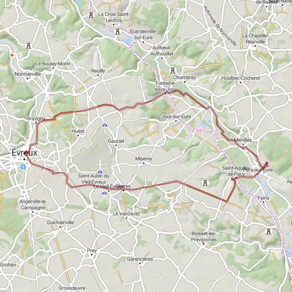 Miniature de la carte de l'inspiration cycliste "Boucle de la Vallée de l'Eure" dans la Haute-Normandie, France. Générée par le planificateur d'itinéraire cycliste Tarmacs.app