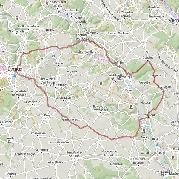 Map miniature of "Eure Valley Gravel Ride (Gravel)" cycling inspiration in Haute-Normandie, France. Generated by Tarmacs.app cycling route planner