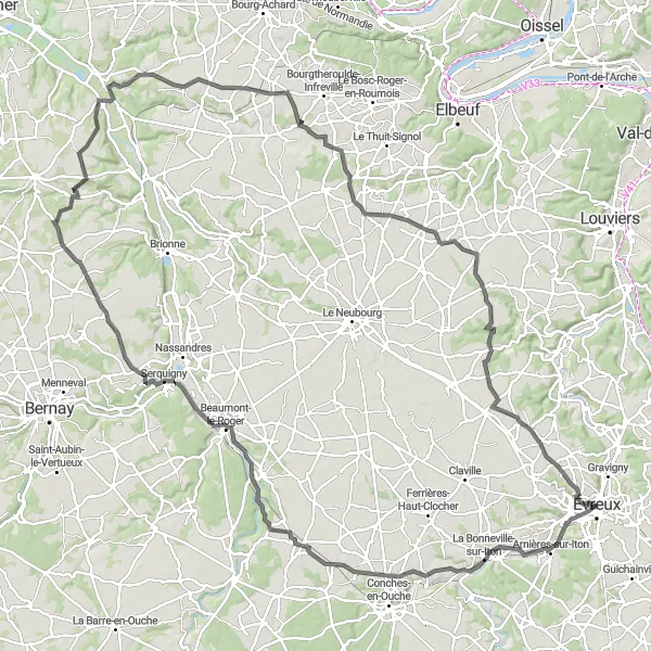 Map miniature of "Enchanting Évreux Loop" cycling inspiration in Haute-Normandie, France. Generated by Tarmacs.app cycling route planner