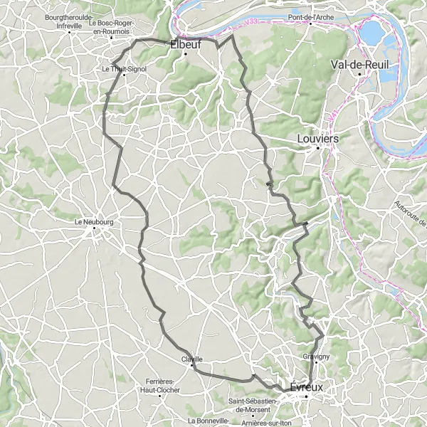 Map miniature of "The Évreux to Elbeuf Loop" cycling inspiration in Haute-Normandie, France. Generated by Tarmacs.app cycling route planner