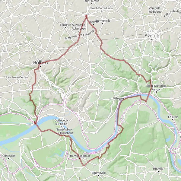 Miniature de la carte de l'inspiration cycliste "Parcours gravel entre Fauville-en-Caux et Auzouville-Auberbosc" dans la Haute-Normandie, France. Générée par le planificateur d'itinéraire cycliste Tarmacs.app