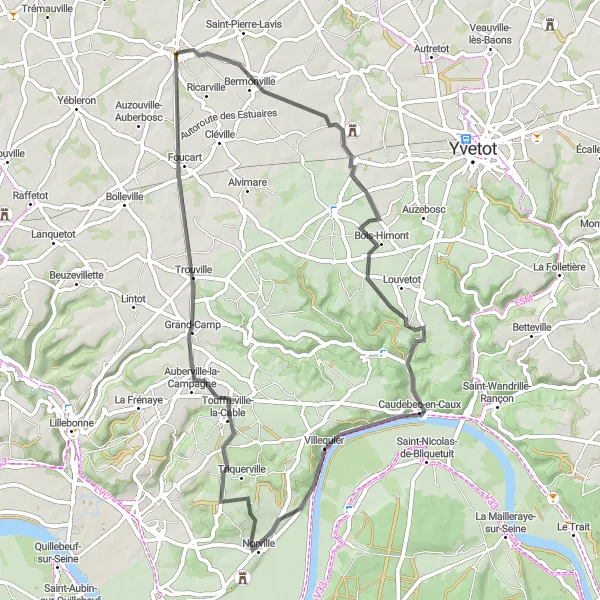 Miniature de la carte de l'inspiration cycliste "Le Tour des Vergers" dans la Haute-Normandie, France. Générée par le planificateur d'itinéraire cycliste Tarmacs.app