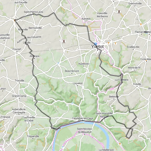 Miniature de la carte de l'inspiration cycliste "La Boucle des Vallées" dans la Haute-Normandie, France. Générée par le planificateur d'itinéraire cycliste Tarmacs.app