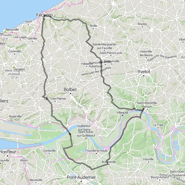 Map miniature of "Road Cycling Route: Fécamp Capitale des Terre-Neuvas" cycling inspiration in Haute-Normandie, France. Generated by Tarmacs.app cycling route planner