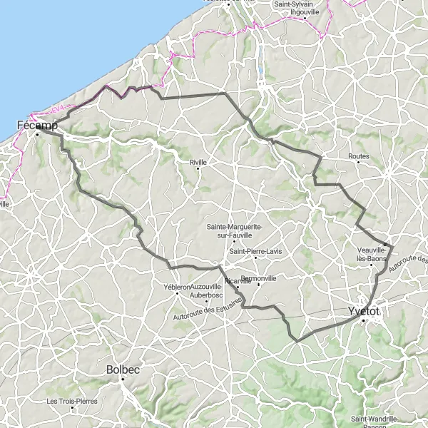 Map miniature of "Château de Fécamp Loop" cycling inspiration in Haute-Normandie, France. Generated by Tarmacs.app cycling route planner