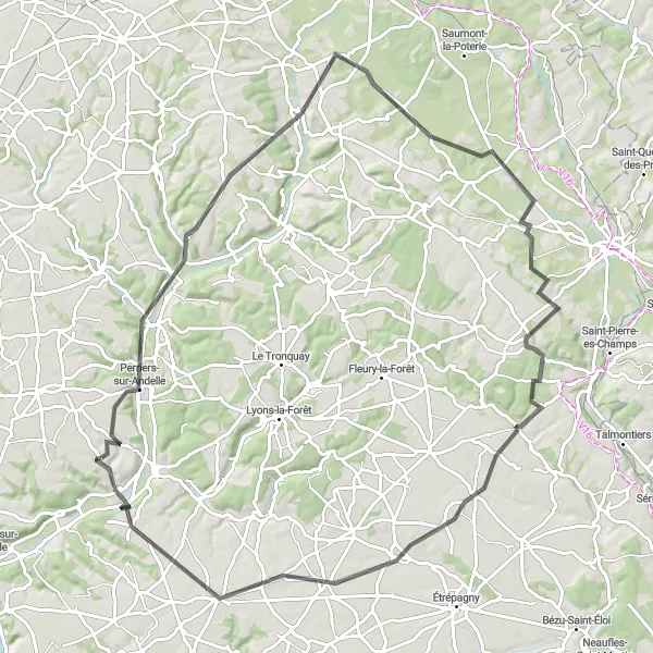Map miniature of "Perriers-sur-Andelle Loop" cycling inspiration in Haute-Normandie, France. Generated by Tarmacs.app cycling route planner