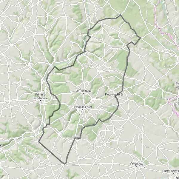 Map miniature of "Vascœuil and Mésangueville Loop" cycling inspiration in Haute-Normandie, France. Generated by Tarmacs.app cycling route planner