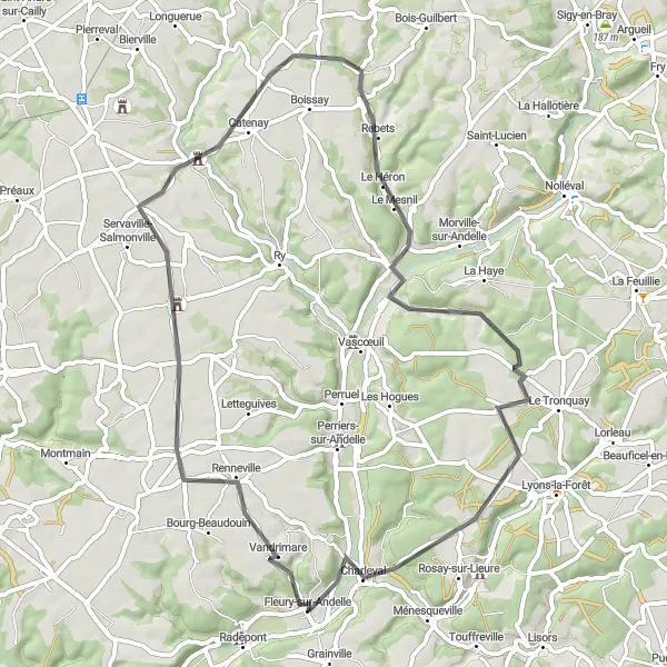 Map miniature of "Martainville-Épreville Discovery" cycling inspiration in Haute-Normandie, France. Generated by Tarmacs.app cycling route planner