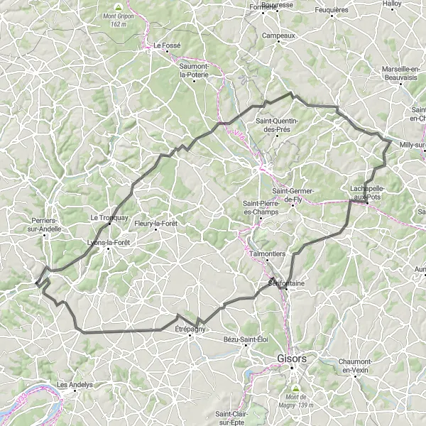 Map miniature of "The Serene Vexin Landscape" cycling inspiration in Haute-Normandie, France. Generated by Tarmacs.app cycling route planner