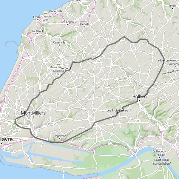 Map miniature of "Around Fontaine-la-Mallet Rural Road Cycling" cycling inspiration in Haute-Normandie, France. Generated by Tarmacs.app cycling route planner