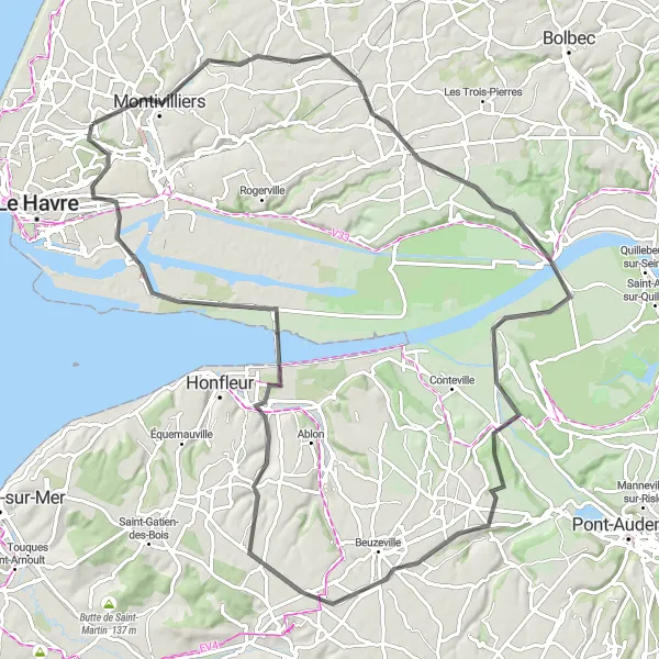 Miniature de la carte de l'inspiration cycliste "Boucle à Montivilliers et Graville" dans la Haute-Normandie, France. Générée par le planificateur d'itinéraire cycliste Tarmacs.app