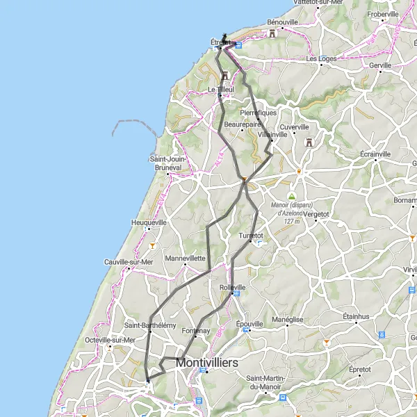 Map miniature of "Coastal Delights from Fontaine-la-Mallet" cycling inspiration in Haute-Normandie, France. Generated by Tarmacs.app cycling route planner