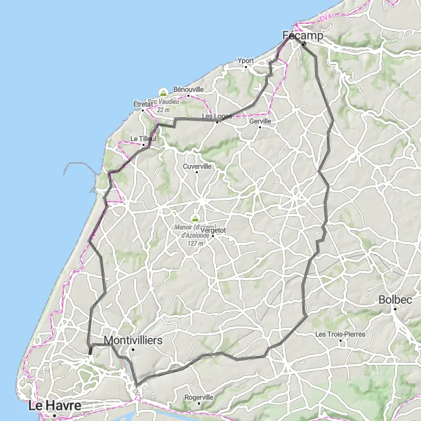 Miniature de la carte de l'inspiration cycliste "Escapade vers Fécamp Capitale des Terre-Neuvas" dans la Haute-Normandie, France. Générée par le planificateur d'itinéraire cycliste Tarmacs.app