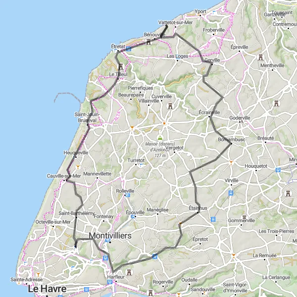 Map miniature of "Scenic Coastal Ride" cycling inspiration in Haute-Normandie, France. Generated by Tarmacs.app cycling route planner