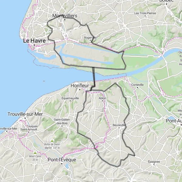 Map miniature of "Charming Coastal Road" cycling inspiration in Haute-Normandie, France. Generated by Tarmacs.app cycling route planner