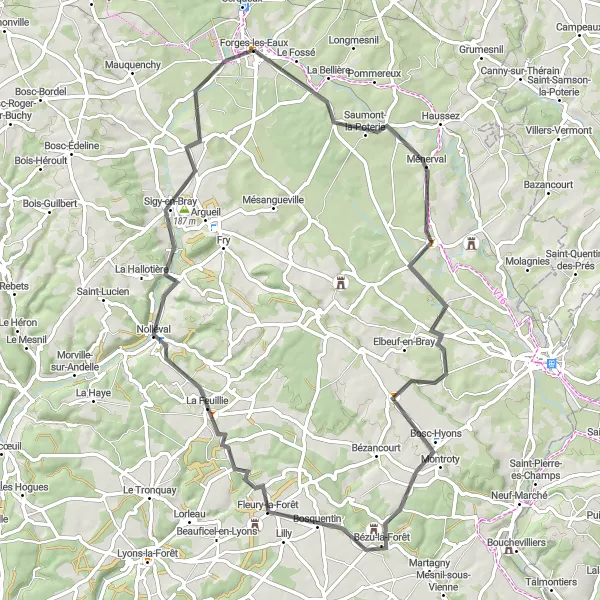 Map miniature of "Journey to Nolléval" cycling inspiration in Haute-Normandie, France. Generated by Tarmacs.app cycling route planner