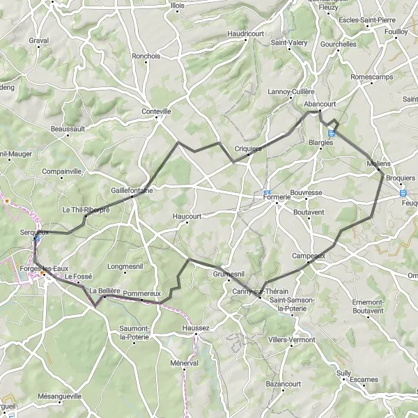 Map miniature of "Glimpses of Gaillefontaine" cycling inspiration in Haute-Normandie, France. Generated by Tarmacs.app cycling route planner