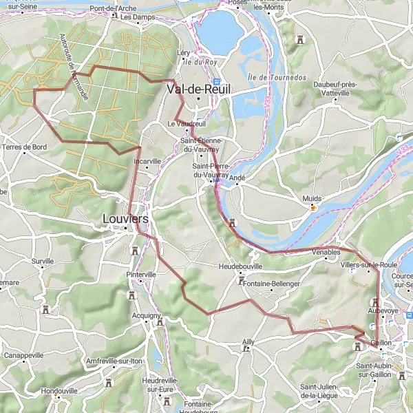 Map miniature of "Glimpses of Gaillon" cycling inspiration in Haute-Normandie, France. Generated by Tarmacs.app cycling route planner