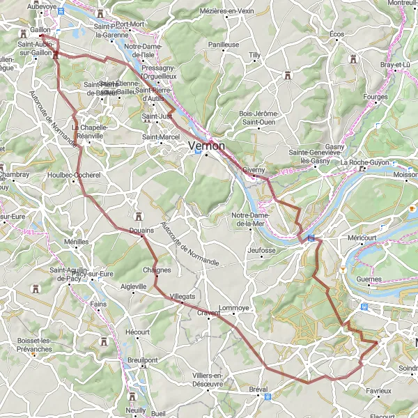 Miniature de la carte de l'inspiration cycliste "Parcours gravel autour de Vernon" dans la Haute-Normandie, France. Générée par le planificateur d'itinéraire cycliste Tarmacs.app