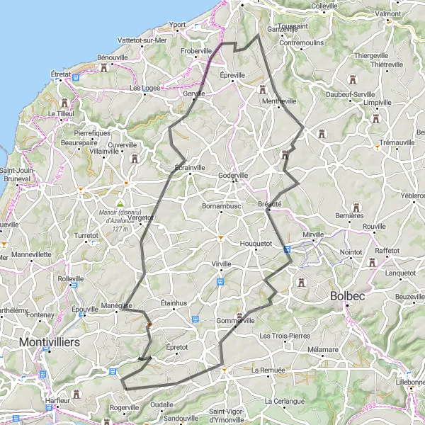 Miniature de la carte de l'inspiration cycliste "Tour des Vallées Verdoyantes" dans la Haute-Normandie, France. Générée par le planificateur d'itinéraire cycliste Tarmacs.app