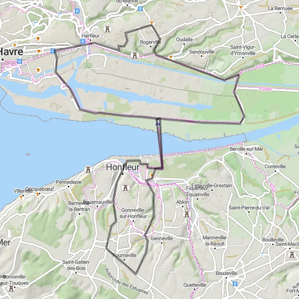 Miniature de la carte de l'inspiration cycliste "Balade entre Rouen et Honfleur" dans la Haute-Normandie, France. Générée par le planificateur d'itinéraire cycliste Tarmacs.app
