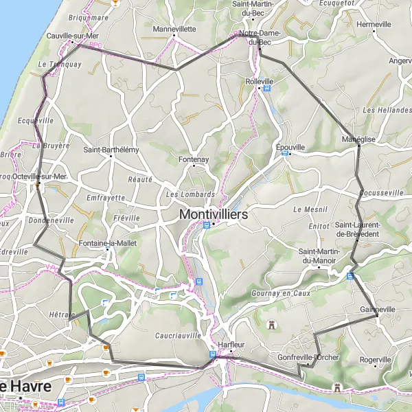 Miniature de la carte de l'inspiration cycliste "Les collines de Haute-Normandie" dans la Haute-Normandie, France. Générée par le planificateur d'itinéraire cycliste Tarmacs.app