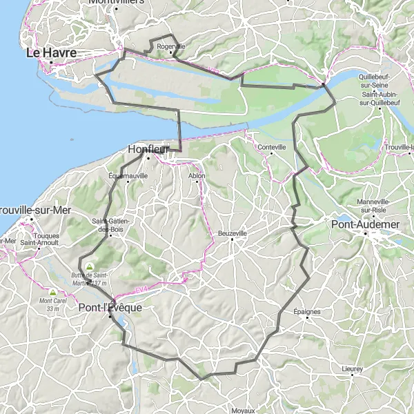 Miniature de la carte de l'inspiration cycliste "Aventure cycliste à travers Honfleur et Mont-Joli" dans la Haute-Normandie, France. Générée par le planificateur d'itinéraire cycliste Tarmacs.app