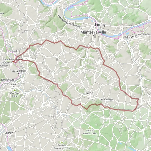 Map miniature of "Gravitating through the Gravel of Ménerville and Beyond" cycling inspiration in Haute-Normandie, France. Generated by Tarmacs.app cycling route planner