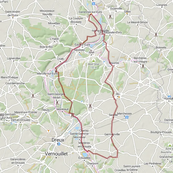 Map miniature of "Exploring the Gravel Roads of Sorel-Moussel" cycling inspiration in Haute-Normandie, France. Generated by Tarmacs.app cycling route planner