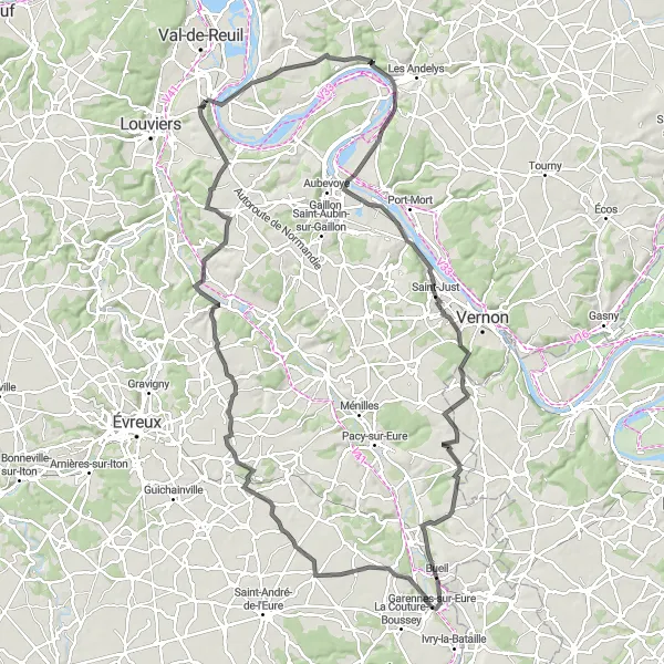 Map miniature of "The Ultimate Road Challenge: Garennes-sur-Eure Loop" cycling inspiration in Haute-Normandie, France. Generated by Tarmacs.app cycling route planner