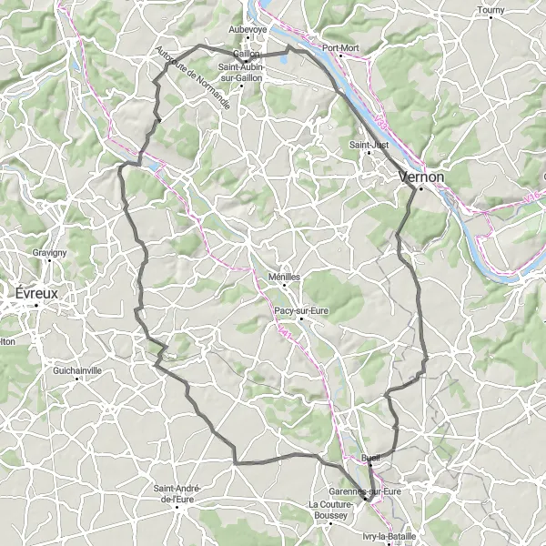 Miniature de la carte de l'inspiration cycliste "Parcours pittoresque de Garennes à Chanu" dans la Haute-Normandie, France. Générée par le planificateur d'itinéraire cycliste Tarmacs.app