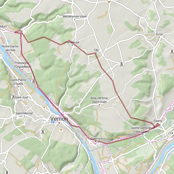 Miniature de la carte de l'inspiration cycliste "Boucle gravel entre Giverny et Gasny" dans la Haute-Normandie, France. Générée par le planificateur d'itinéraire cycliste Tarmacs.app