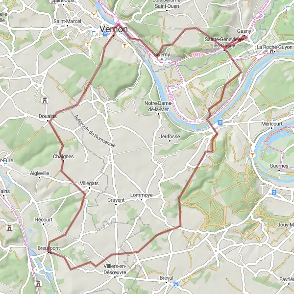 Miniature de la carte de l'inspiration cycliste "Parcours gravel autour de Gasny et Vernon" dans la Haute-Normandie, France. Générée par le planificateur d'itinéraire cycliste Tarmacs.app