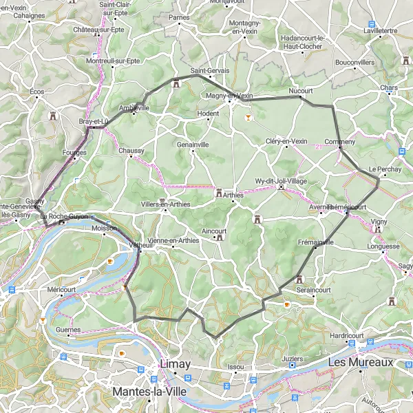 Miniature de la carte de l'inspiration cycliste "Itinéraire routier entre Bray-et-Lû et Haute-Isle" dans la Haute-Normandie, France. Générée par le planificateur d'itinéraire cycliste Tarmacs.app
