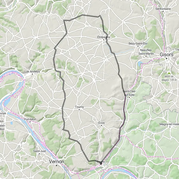 Map miniature of "La Boucle du Vexin" cycling inspiration in Haute-Normandie, France. Generated by Tarmacs.app cycling route planner