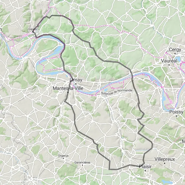 Miniature de la carte de l'inspiration cycliste "Aventures cyclistes autour de Gasny" dans la Haute-Normandie, France. Générée par le planificateur d'itinéraire cycliste Tarmacs.app
