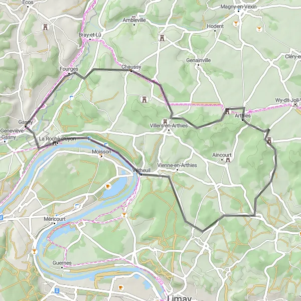Map miniature of "Gasny to La Roche-Guyon Road Route" cycling inspiration in Haute-Normandie, France. Generated by Tarmacs.app cycling route planner