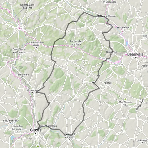 Miniature de la carte de l'inspiration cycliste "Les collines du Pays de Bray" dans la Haute-Normandie, France. Générée par le planificateur d'itinéraire cycliste Tarmacs.app