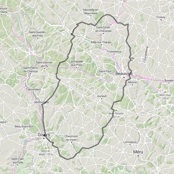 Map miniature of "Gisors to Chambors Loop" cycling inspiration in Haute-Normandie, France. Generated by Tarmacs.app cycling route planner